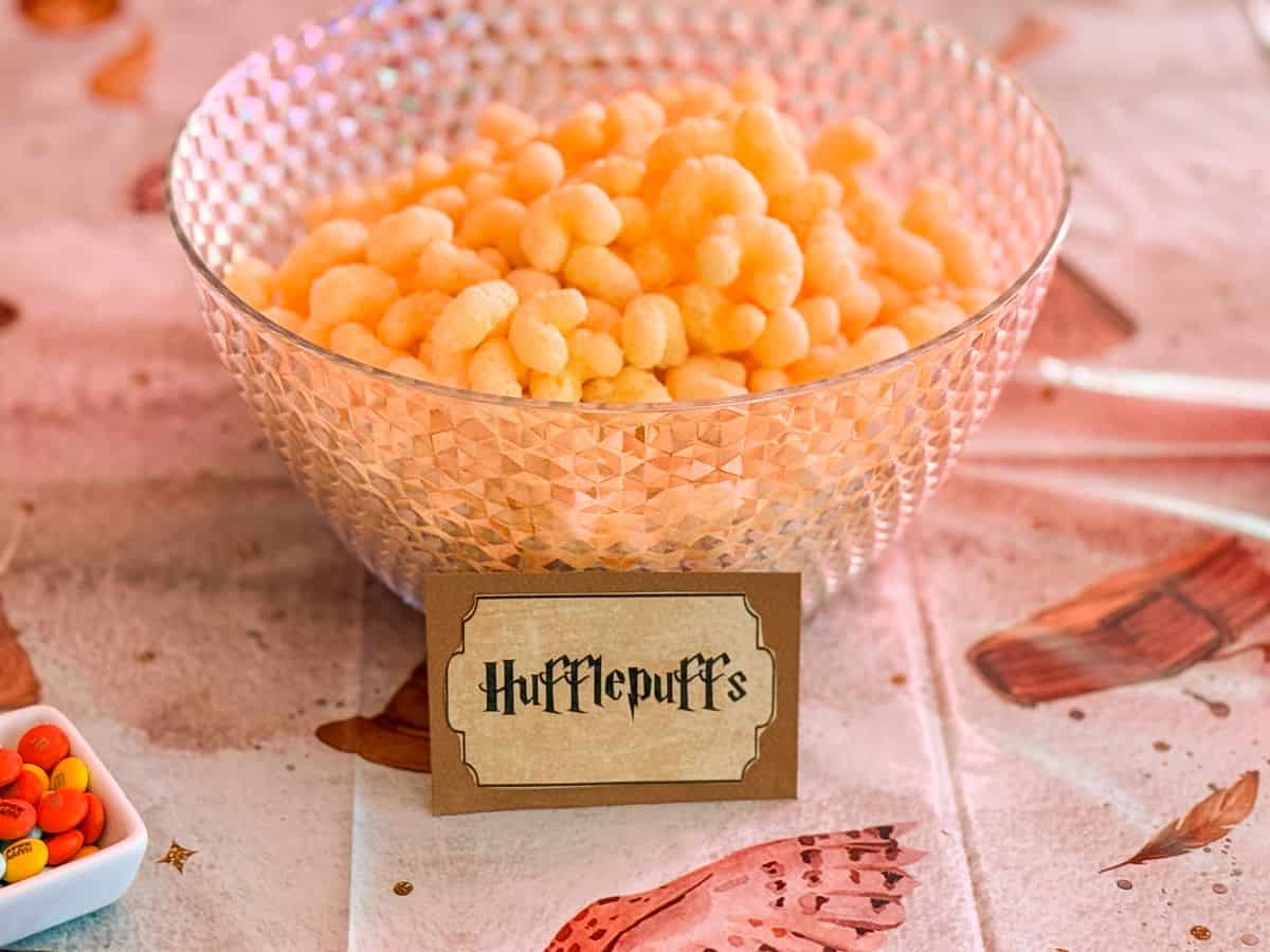 a bowl of Pirate's Booty labeled "Hufflepuffs'