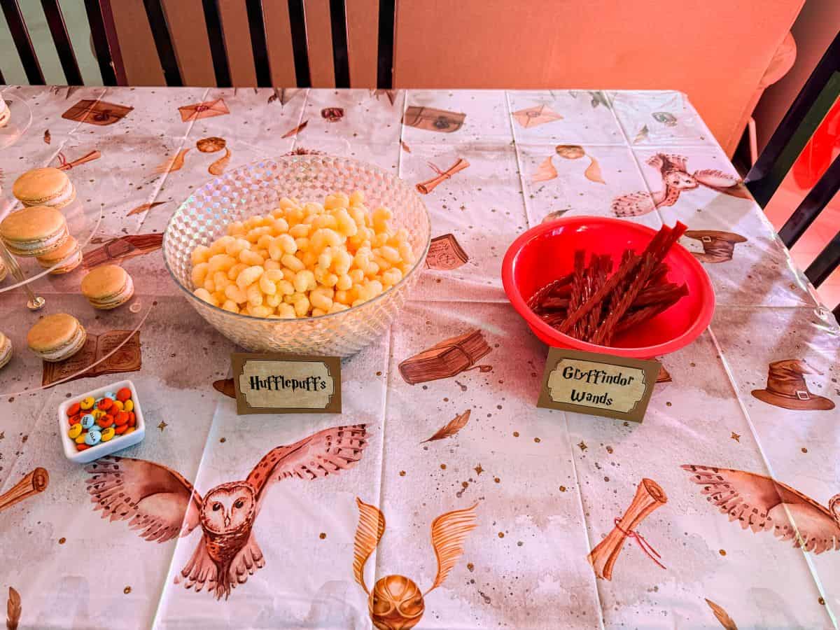 Harry Potter themed snacks on a kitchen table