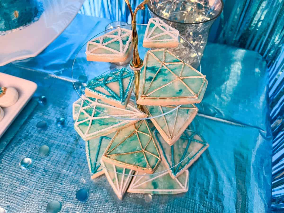diamond gem cookies on a 3 tiered server on a Gem & Geode Dessert Table