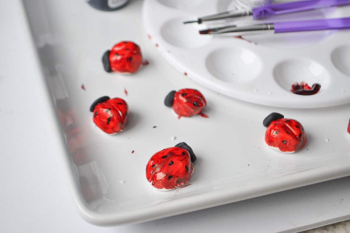 lots of painted fondant ladybugs on a white plate