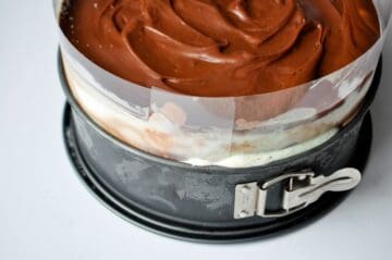 hot fudge on top of ice cream in a springform pan with a clear acetate collar