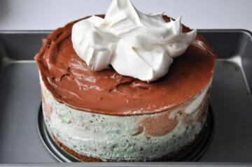 a mound of whipped topping on an ice cream cake