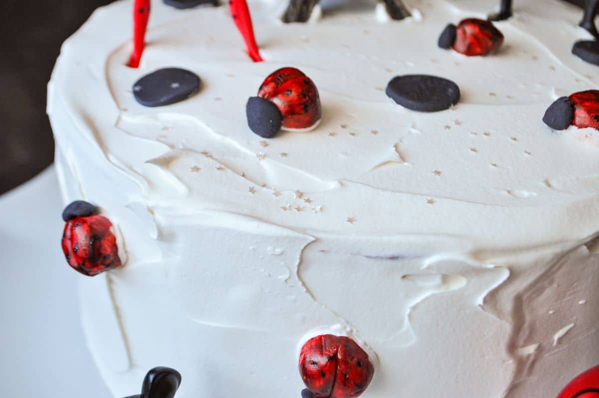 closer view of fondant ladybugs on a white ice cream cake