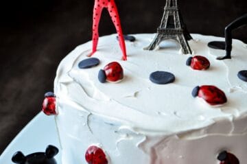 lady bugs and black fondant circles on an ice cream cake