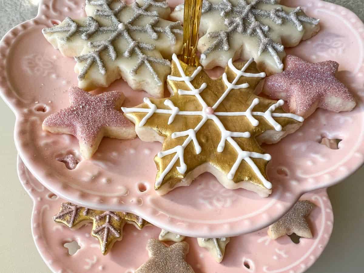 Painted Watercolor Cookies gold luster dust with royal icing on snowflake cookie